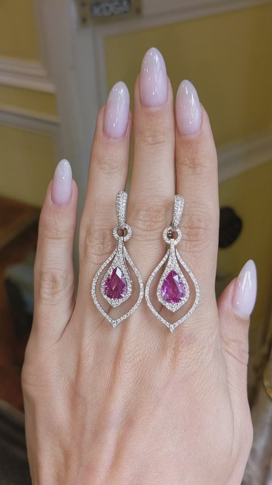 5.47 Ct.Tw. Pink Sapphire and Natural Diamond Hoops Earrings, 18K White Gold Size Video
