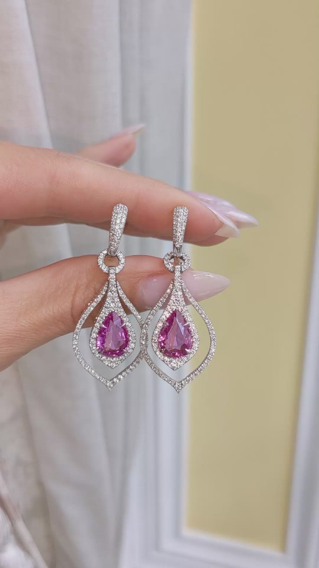 5.47 Ct.Tw. Pink Sapphire and Natural Diamond Hoops Earrings, 18K White Gold Size Video