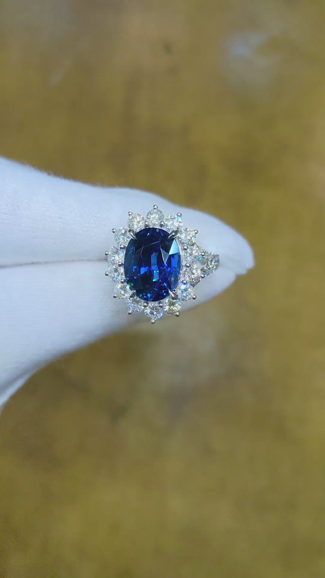 6.62 Ct. Blue Sapphire and Natural Diamond Pave Ring, 18K White Gold Size Video