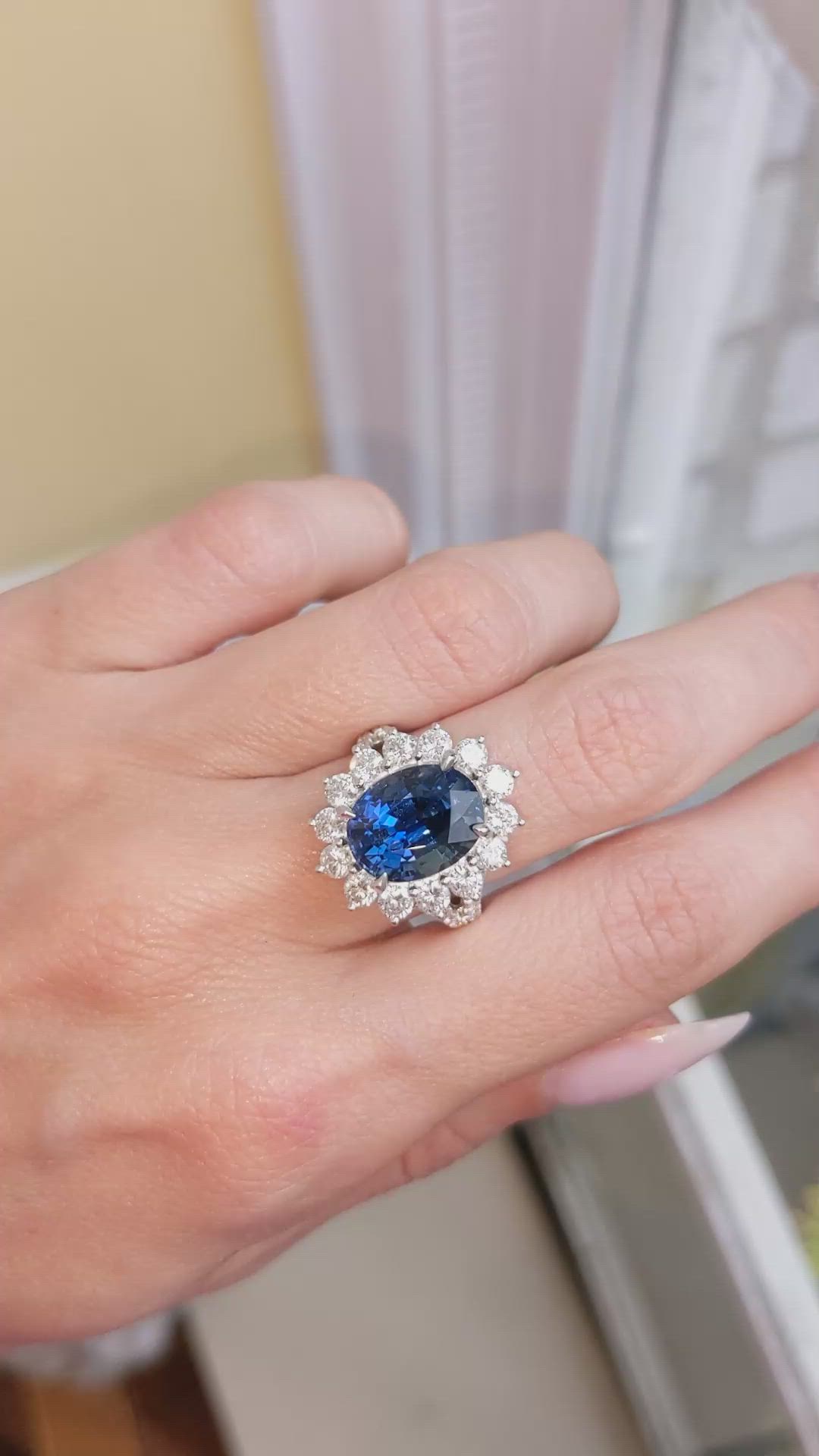 6.62 Ct. Blue Sapphire and Natural Diamond Pave Ring, 18K White Gold Size Video