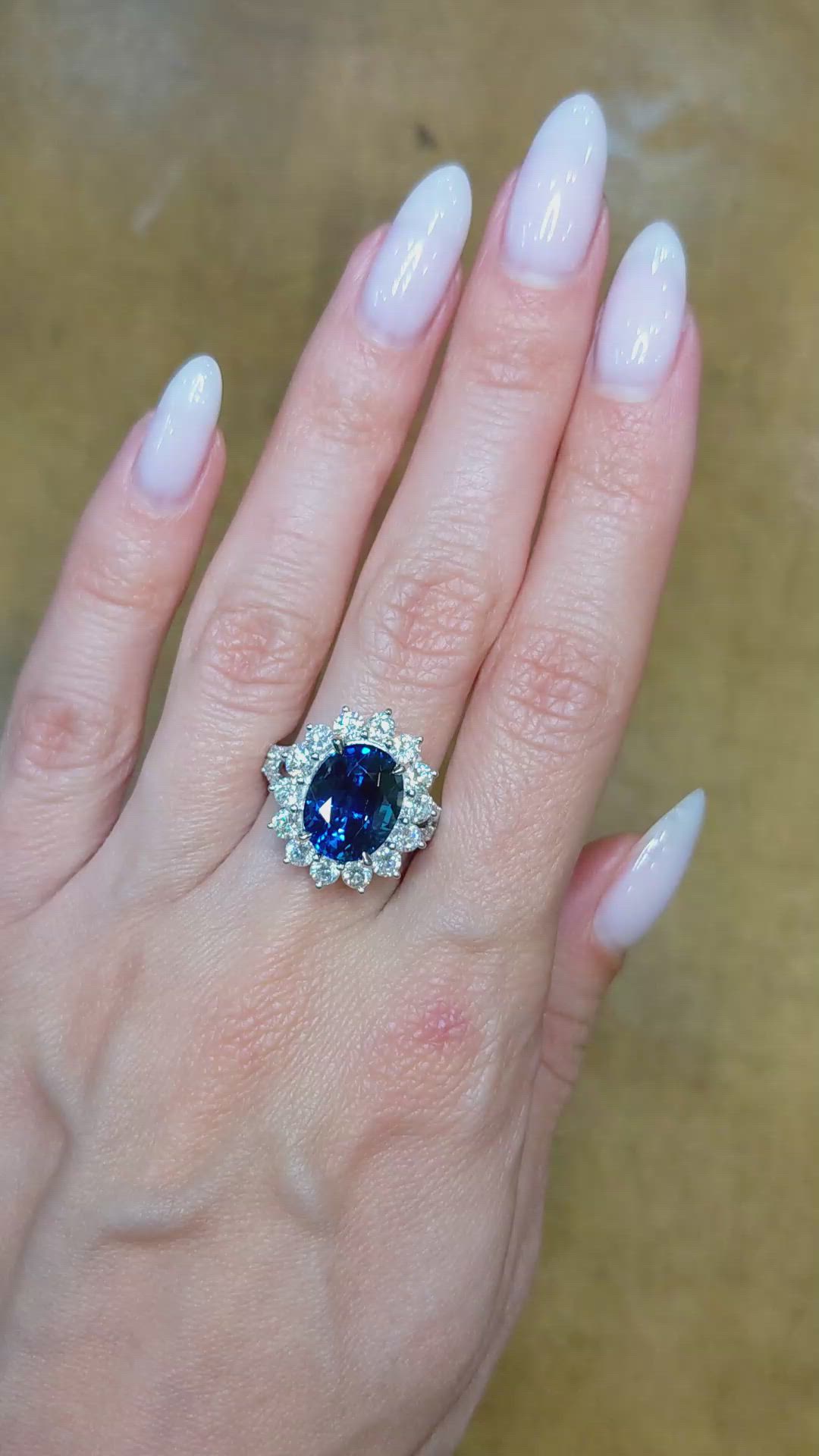 6.62 Ct. Blue Sapphire and Natural Diamond Pave Ring, 18K White Gold Size Video