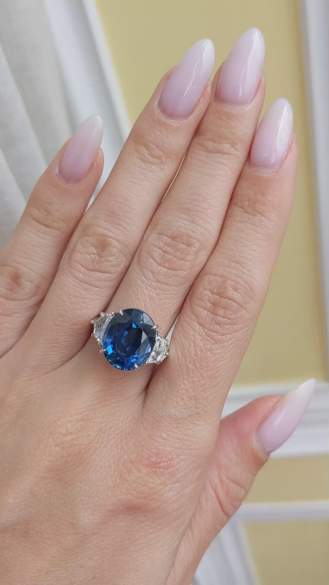 8.22 Ct. Blue Sapphire and Natural Diamond Three Stone Ring, Platinum 950 Size Video