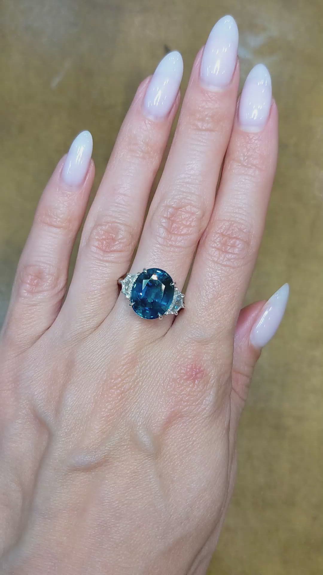 8.22 Ct. Blue Sapphire and Natural Diamond Three Stone Ring, Platinum 950 Size Video