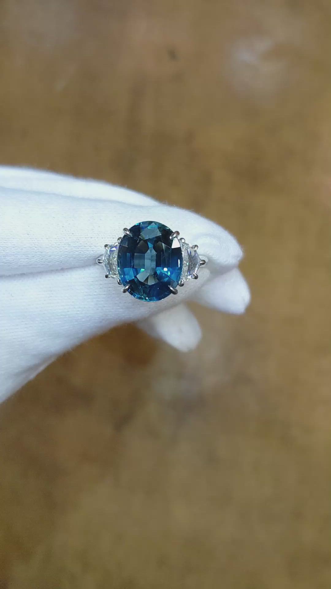 8.22 Ct. Blue Sapphire and Natural Diamond Three Stone Ring, Platinum 950 Size Video