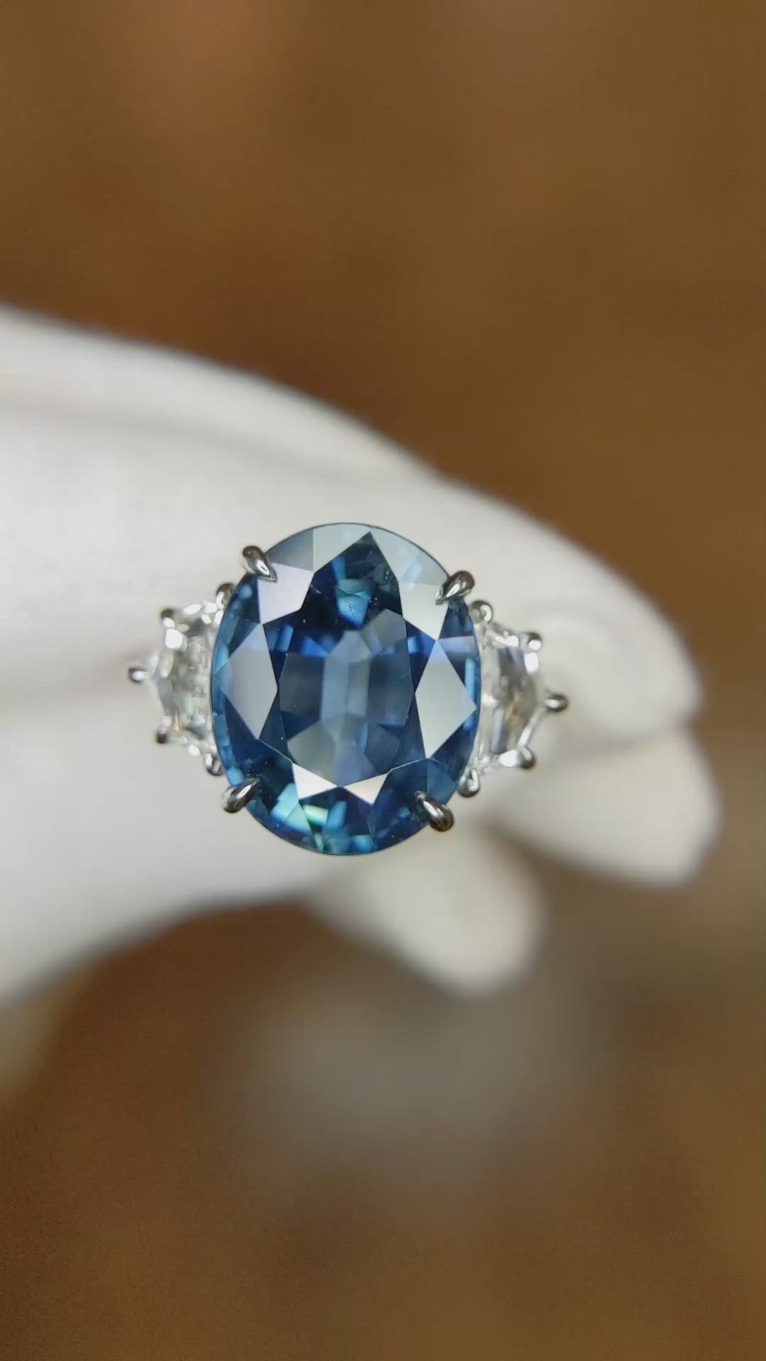 8.22 Ct. Blue Sapphire and Natural Diamond Three Stone Ring, Platinum 950 Size Video