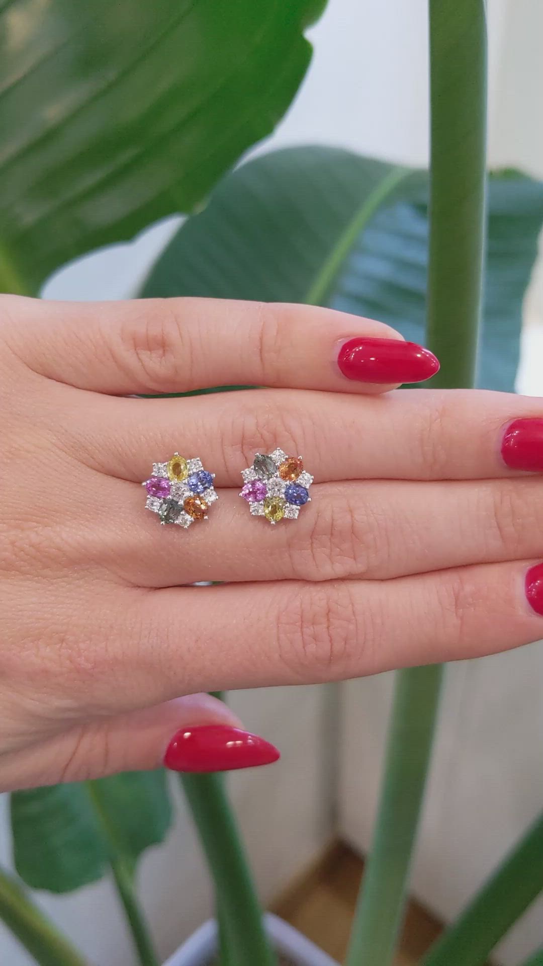 2.10&nbsp;Ct.Tw.Total Carat Weight Multi Color Sapphire and Natural Diamond Halo Earrings, 18K White Gold Size Video