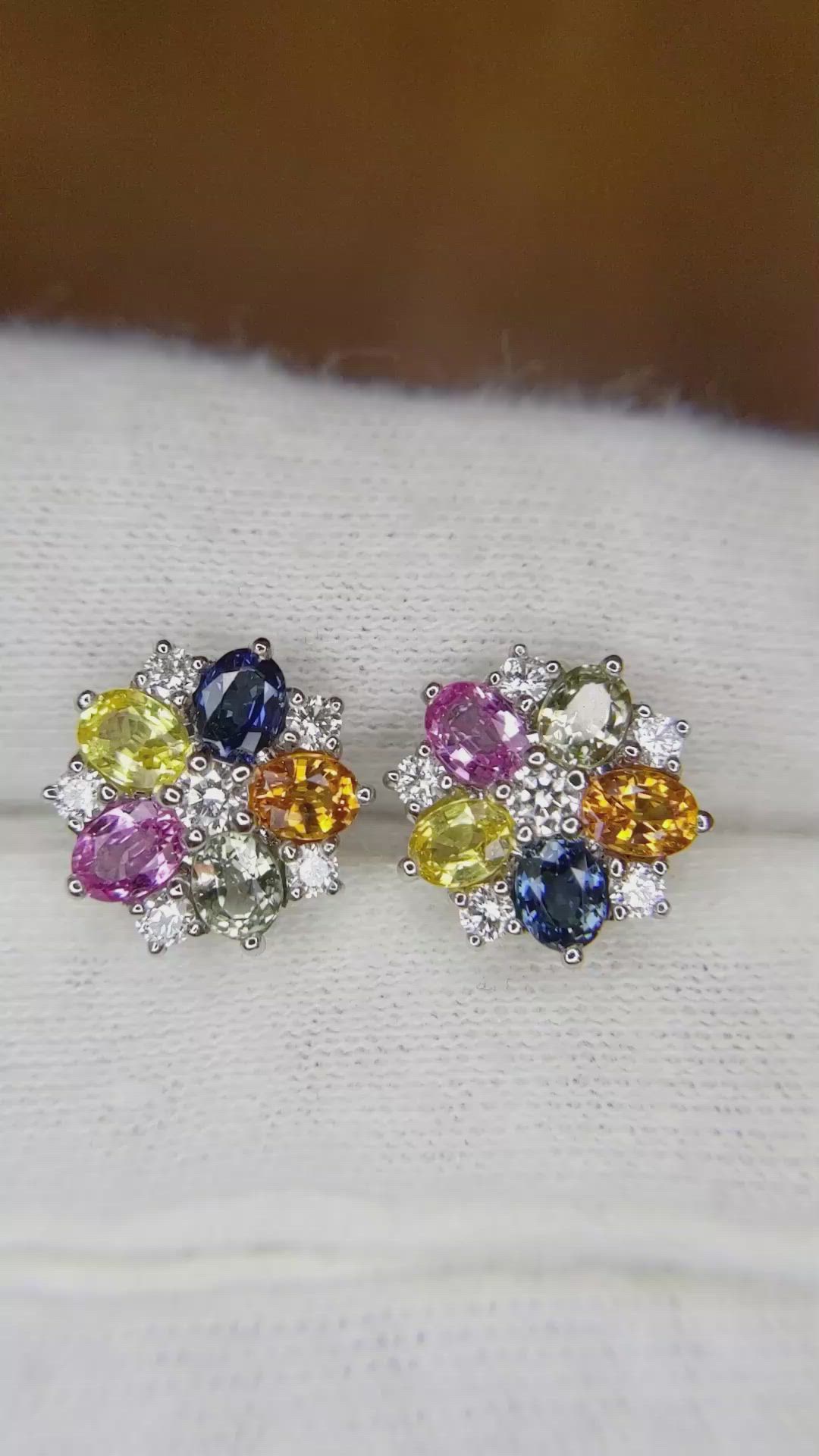 2.10 Ct.Tw. Multi Color Sapphire and Natural Diamond Halo Earrings, 18K White Gold Size Video