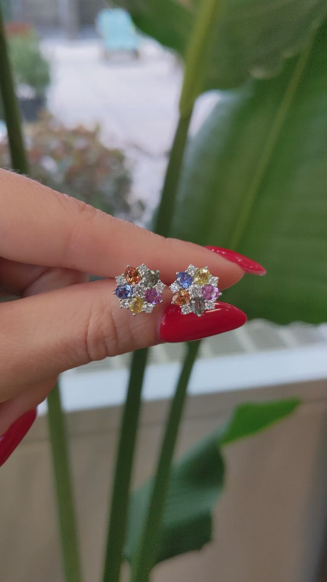 2.10&nbsp;Ct.Tw.Total Carat Weight Multi Color Sapphire and Natural Diamond Halo Earrings, 18K White Gold Size Video