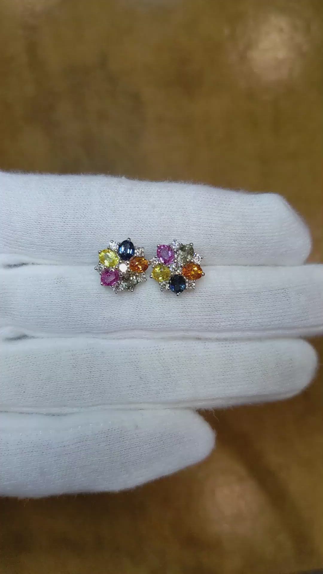 2.10 Ct.Tw. Multi Color Sapphire and Natural Diamond Halo Earrings, 18K White Gold Size Video