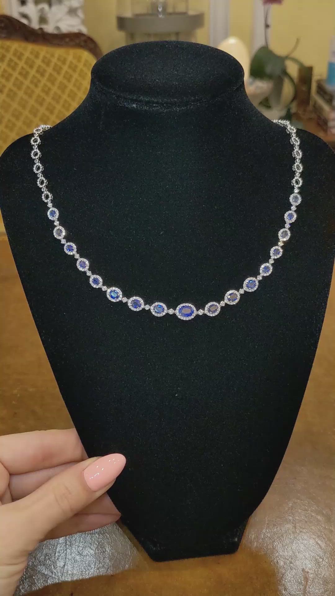 5.86 Ct. Blue Sapphire and Natural Diamond Pave Necklace, 18K White Gold Size Video