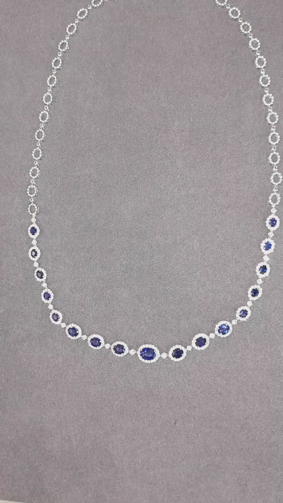 5.86 Ct. Blue Sapphire and Natural Diamond Pave Necklace, 18K White Gold Size Video