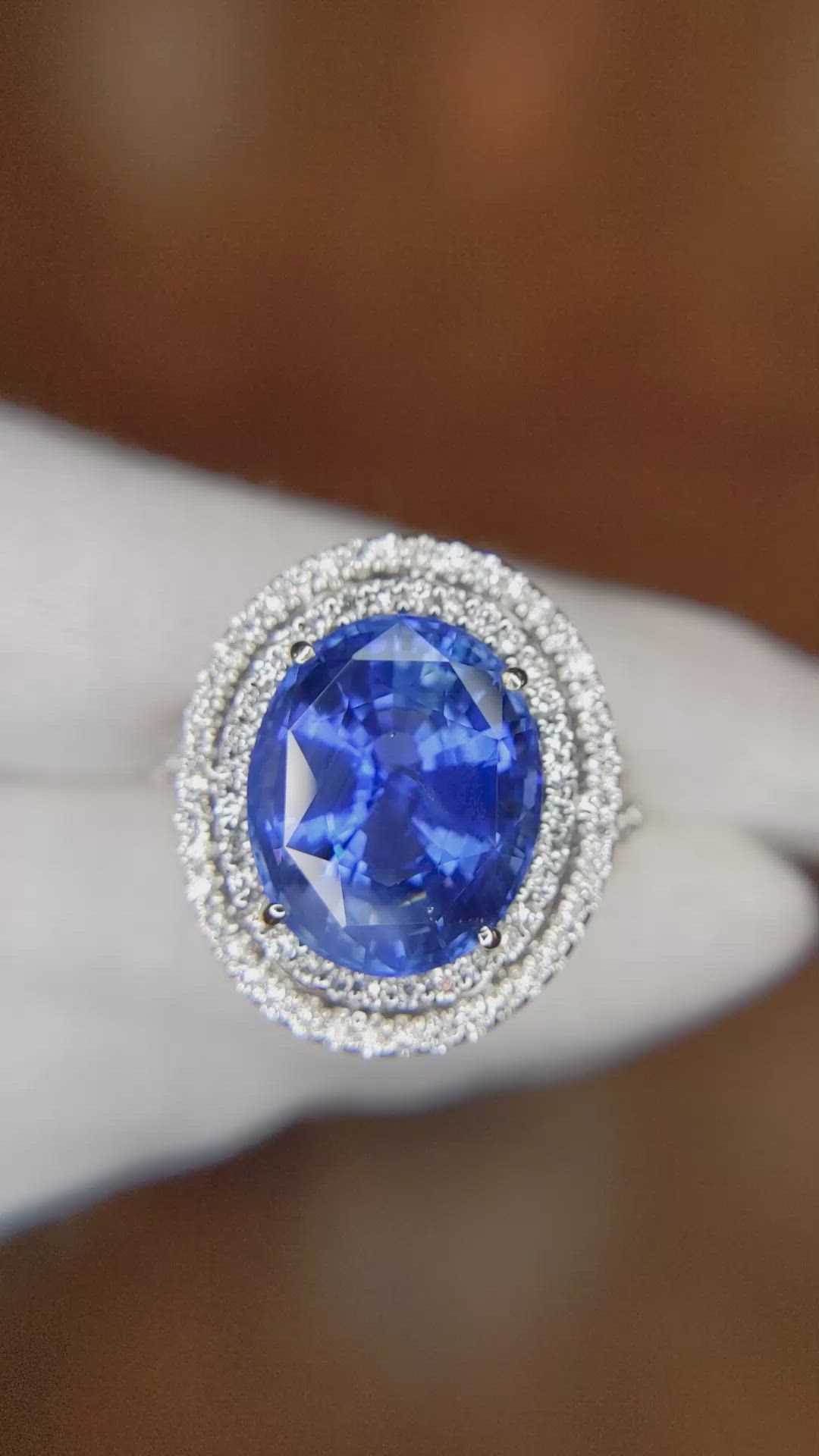 9.01 Ct. Blue Sapphire and Natural Diamond Halo Ring, 18K White Gold Size Video
