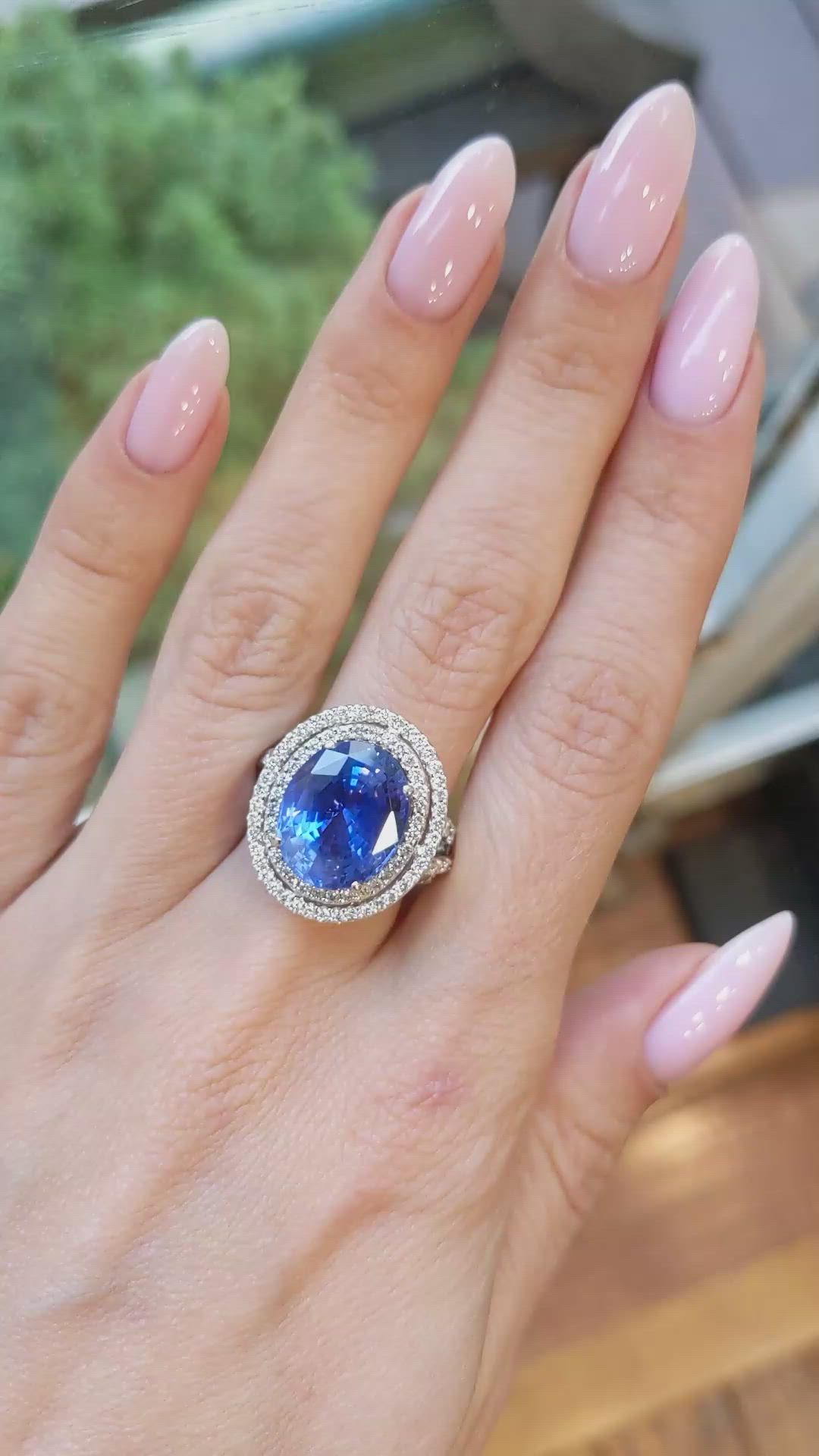 9.01 Ct. Blue Sapphire and Natural Diamond Halo Ring, 18K White Gold Size Video