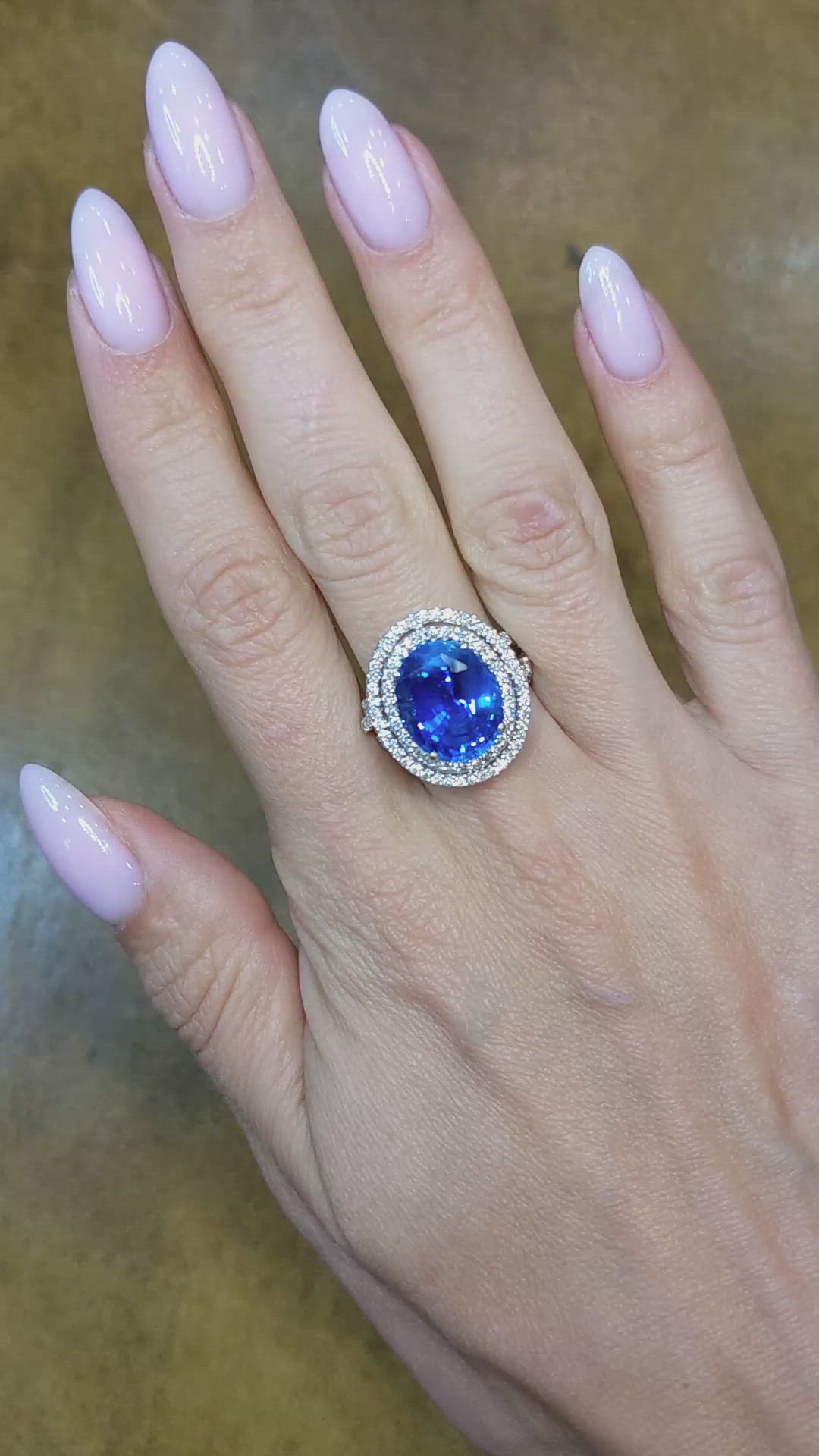 9.01 Ct. Blue Sapphire and Natural Diamond Halo Ring, 18K White Gold Size Video