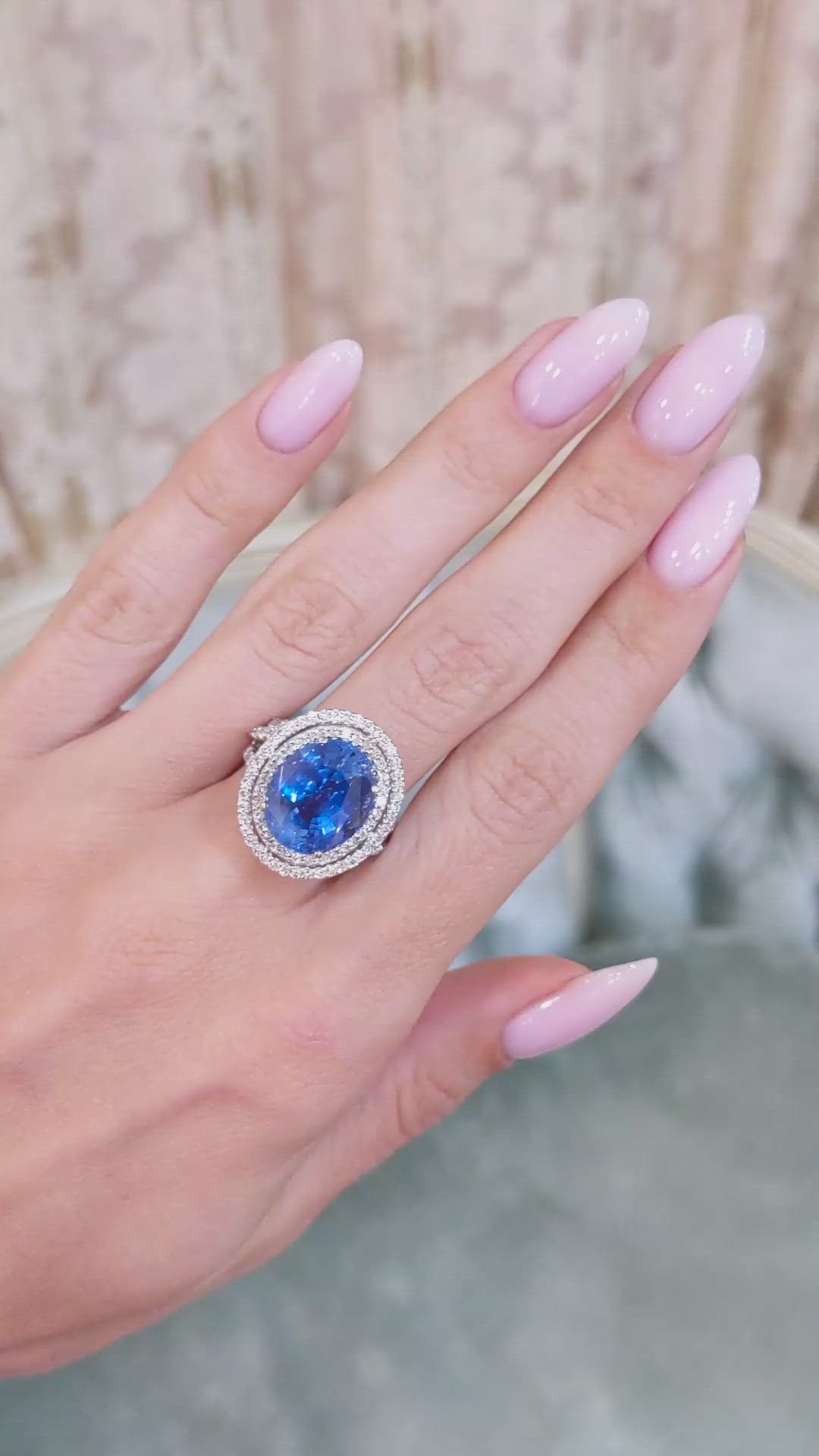 9.01 Ct. Blue Sapphire and Natural Diamond Halo Ring, 18K White Gold Size Video