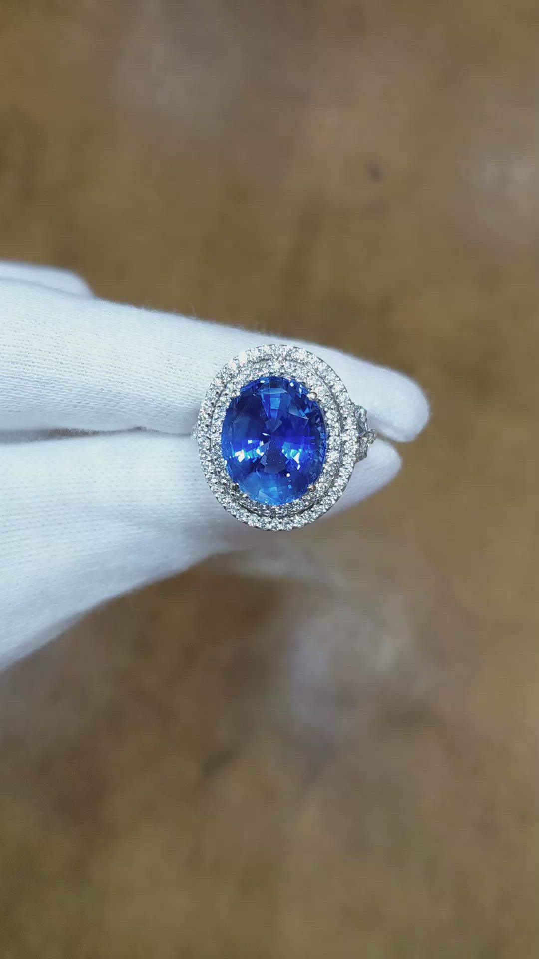 9.01 Ct. Blue Sapphire and Natural Diamond Halo Ring, 18K White Gold Size Video