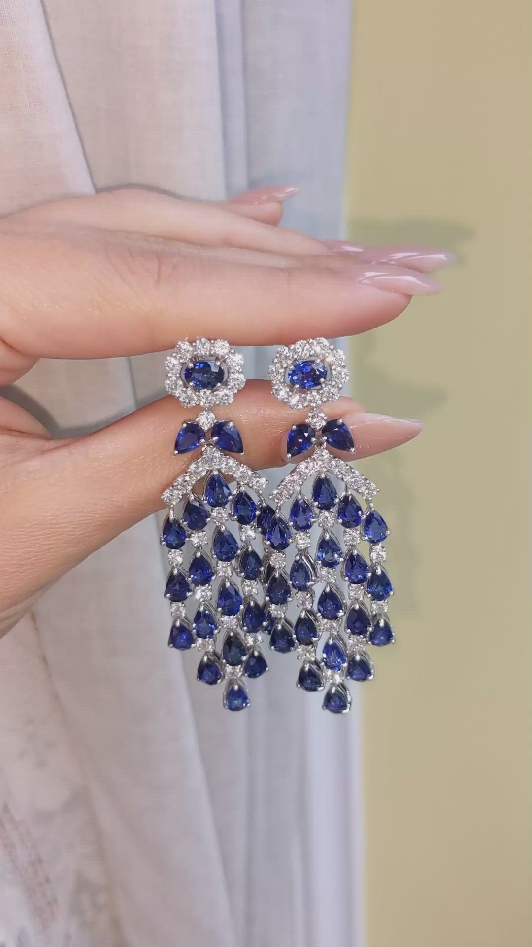 22.84 Ct.Tw. Blue Sapphire and Natural Diamond Pave Earrings, 18K White Gold Size Video