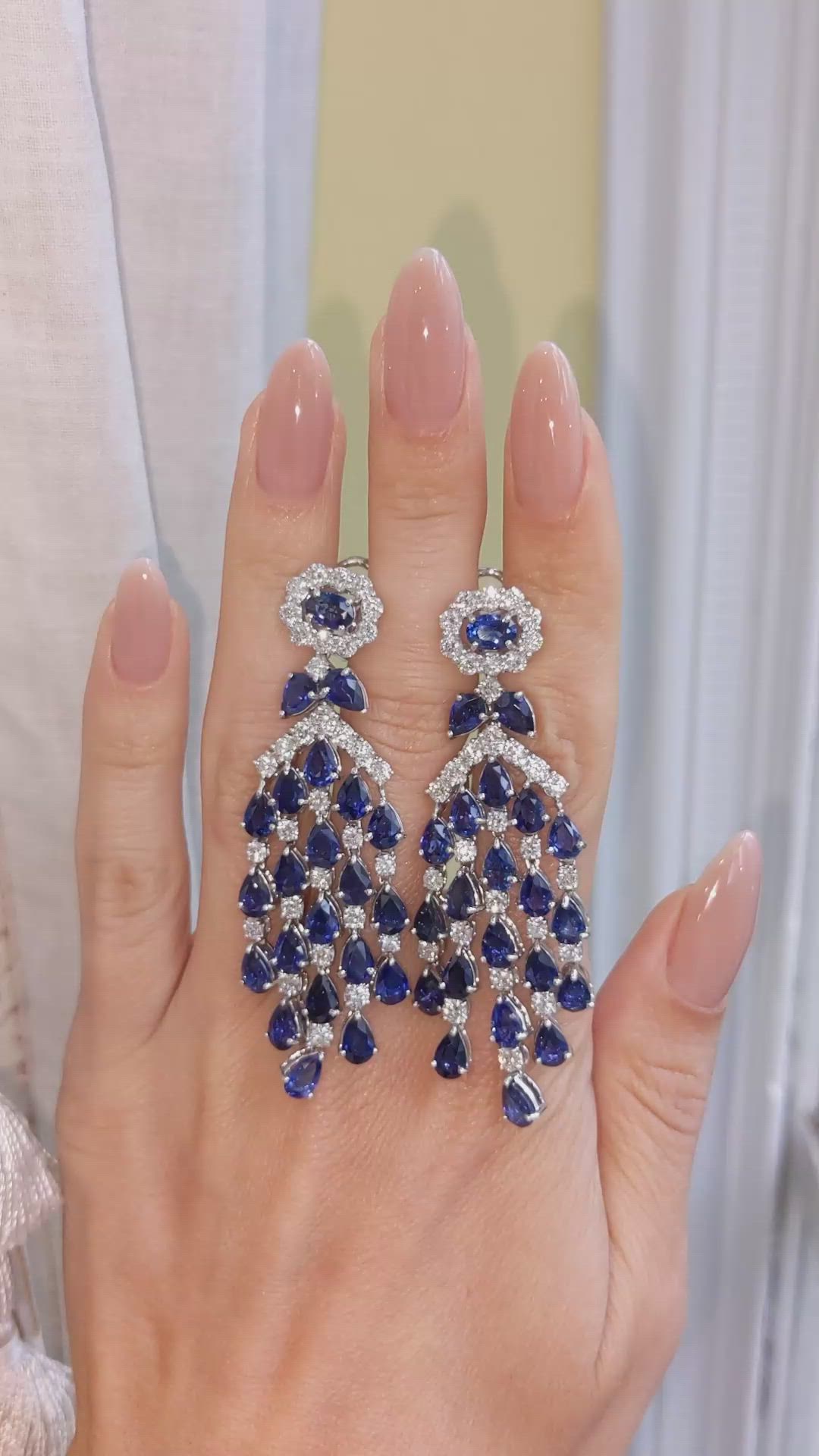 22.84 Ct.Tw. Blue Sapphire and Natural Diamond Pave Earrings, 18K White Gold Size Video