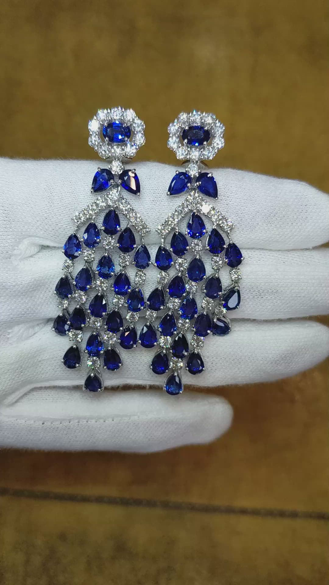 22.84 Ct.Tw. Blue Sapphire and Natural Diamond Pave Earrings, 18K White Gold Size Video