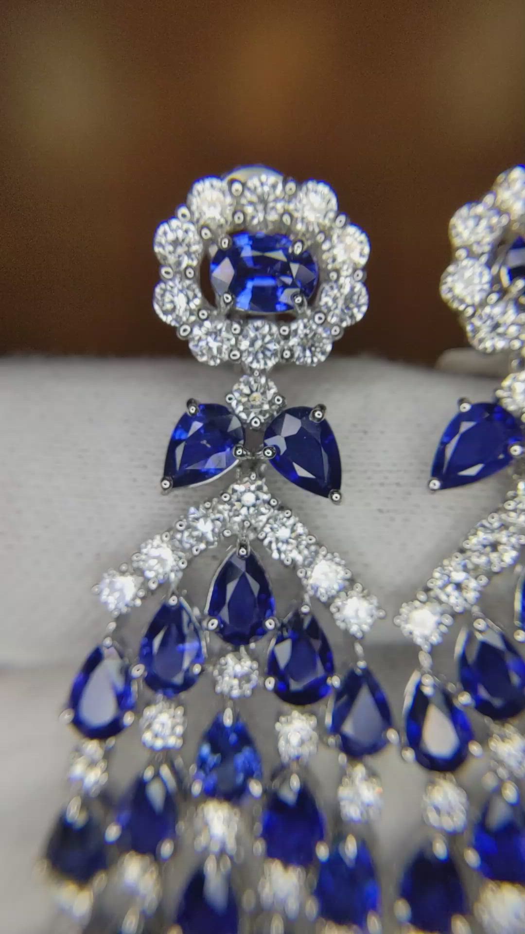 22.84 Ct.Tw. Blue Sapphire and Natural Diamond Pave Earrings, 18K White Gold Size Video