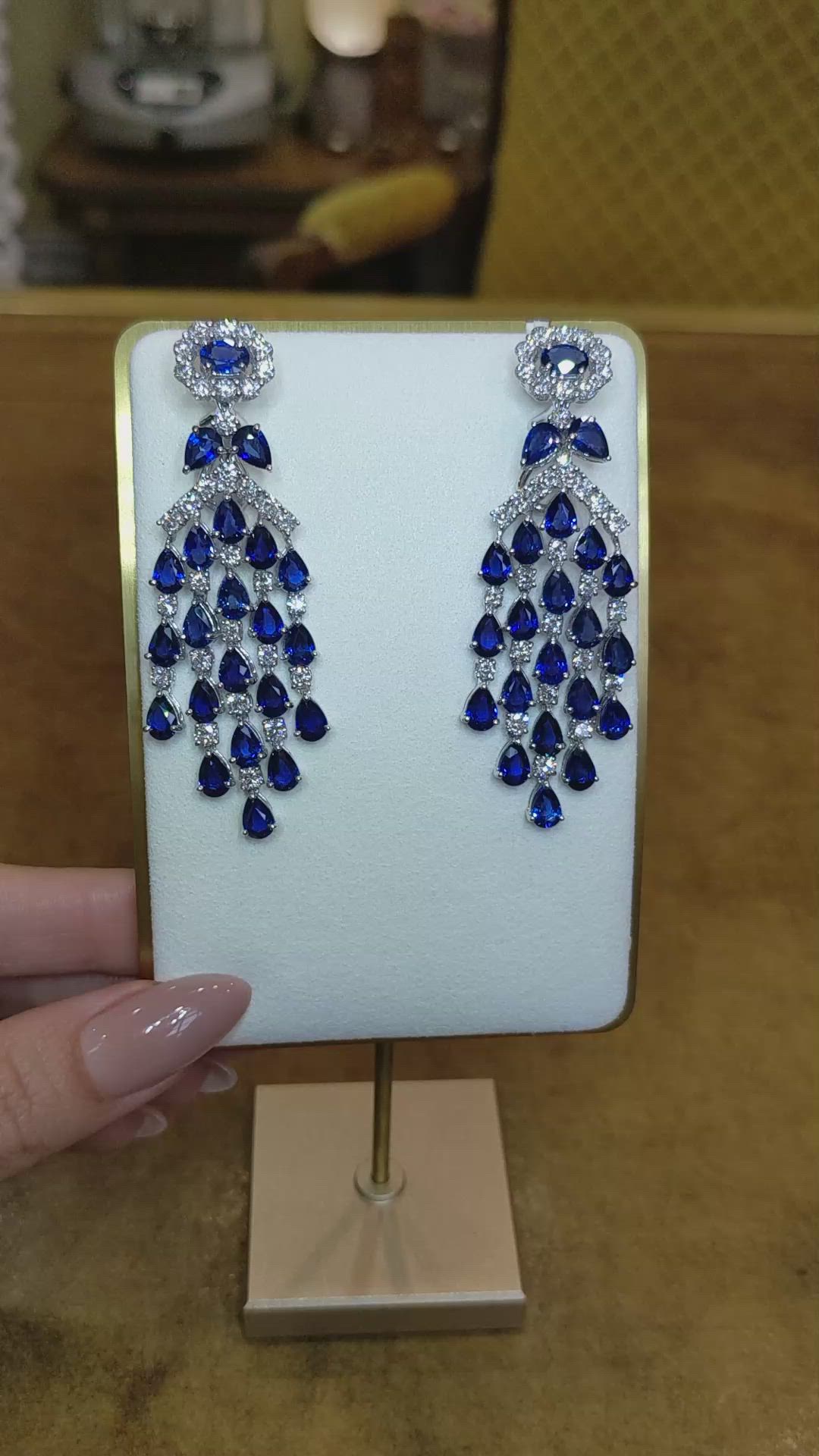 22.84 Ct.Tw. Blue Sapphire and Natural Diamond Pave Earrings, 18K White Gold Size Video