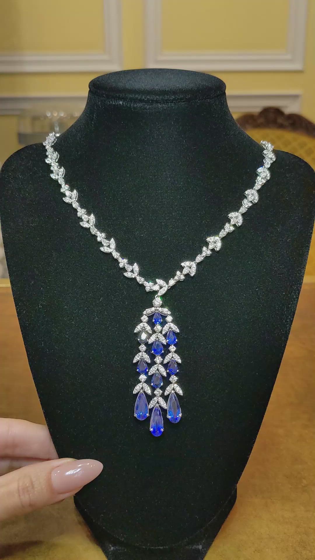 11.31 Ct. Blue Sapphire and Natural Diamond Pave Necklace, Platinum 950 Size Video