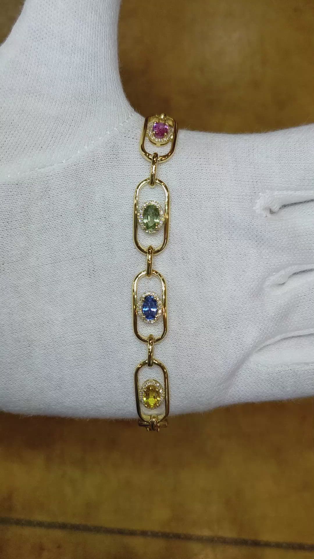 5.00 Ct.Tw. Multi Color Sapphire and Natural Diamond Pave Bracelet, 18K Yellow Gold Size Video