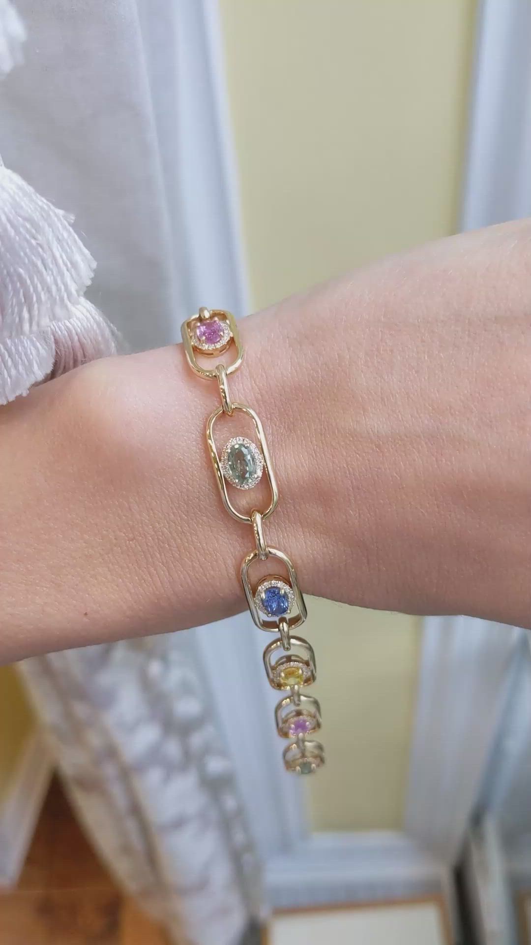 5.00 Ct.Tw. Multi Color Sapphire and Natural Diamond Pave Bracelet, 18K Yellow Gold Size Video
