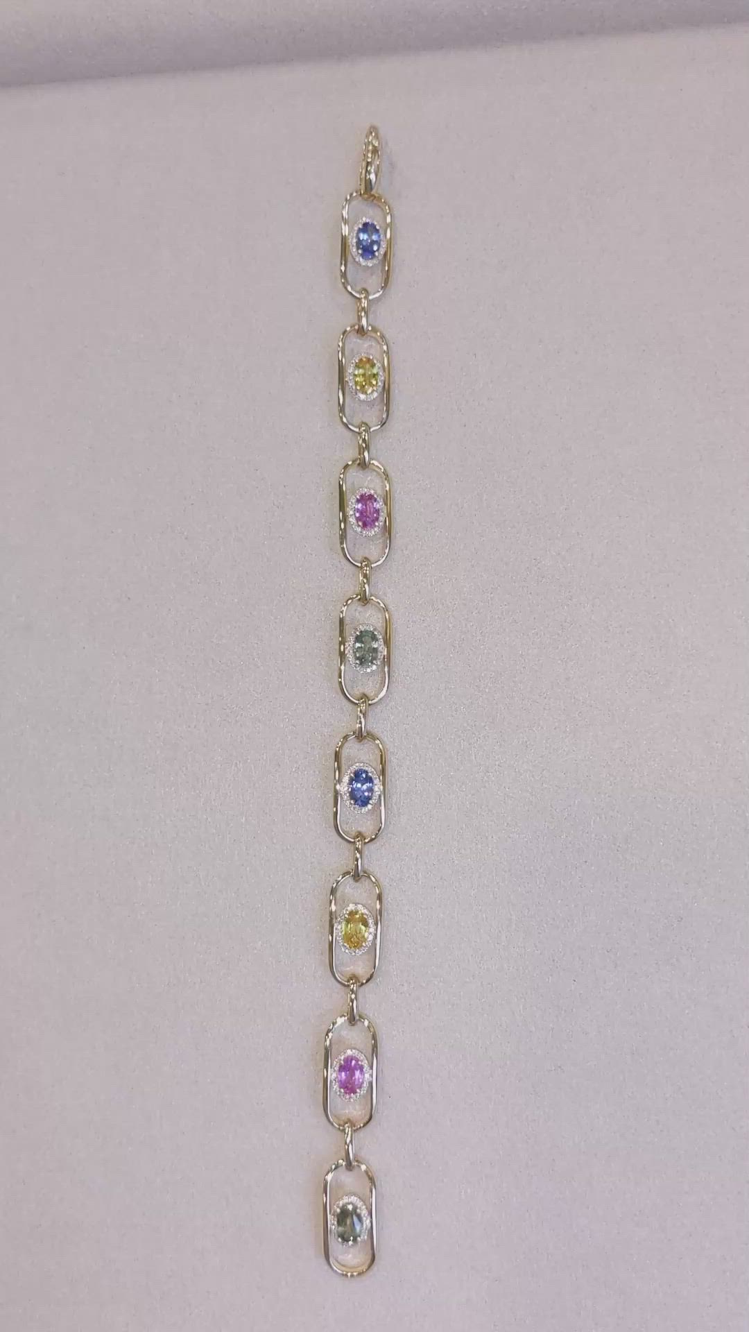 5.00 Ct.Tw. Multi Color Sapphire and Natural Diamond Pave Bracelet, 18K Yellow Gold Size Video