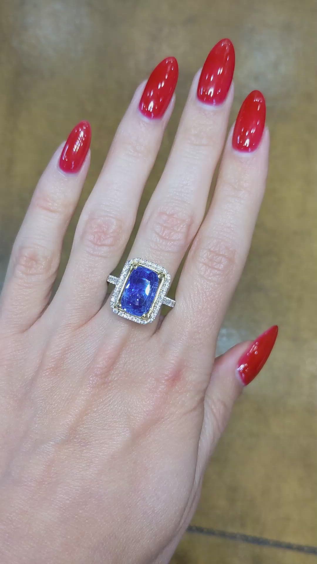 8.19 Ct. Blue Sapphire and Natural Diamond Pave Ring, 18K White Gold Size Video