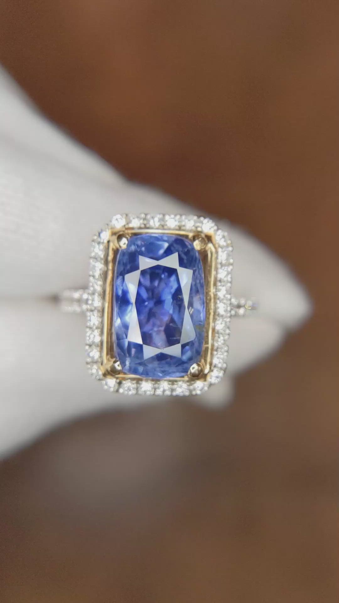 8.19 Ct. Blue Sapphire and Natural Diamond Pave Ring, 18K White Gold Size Video