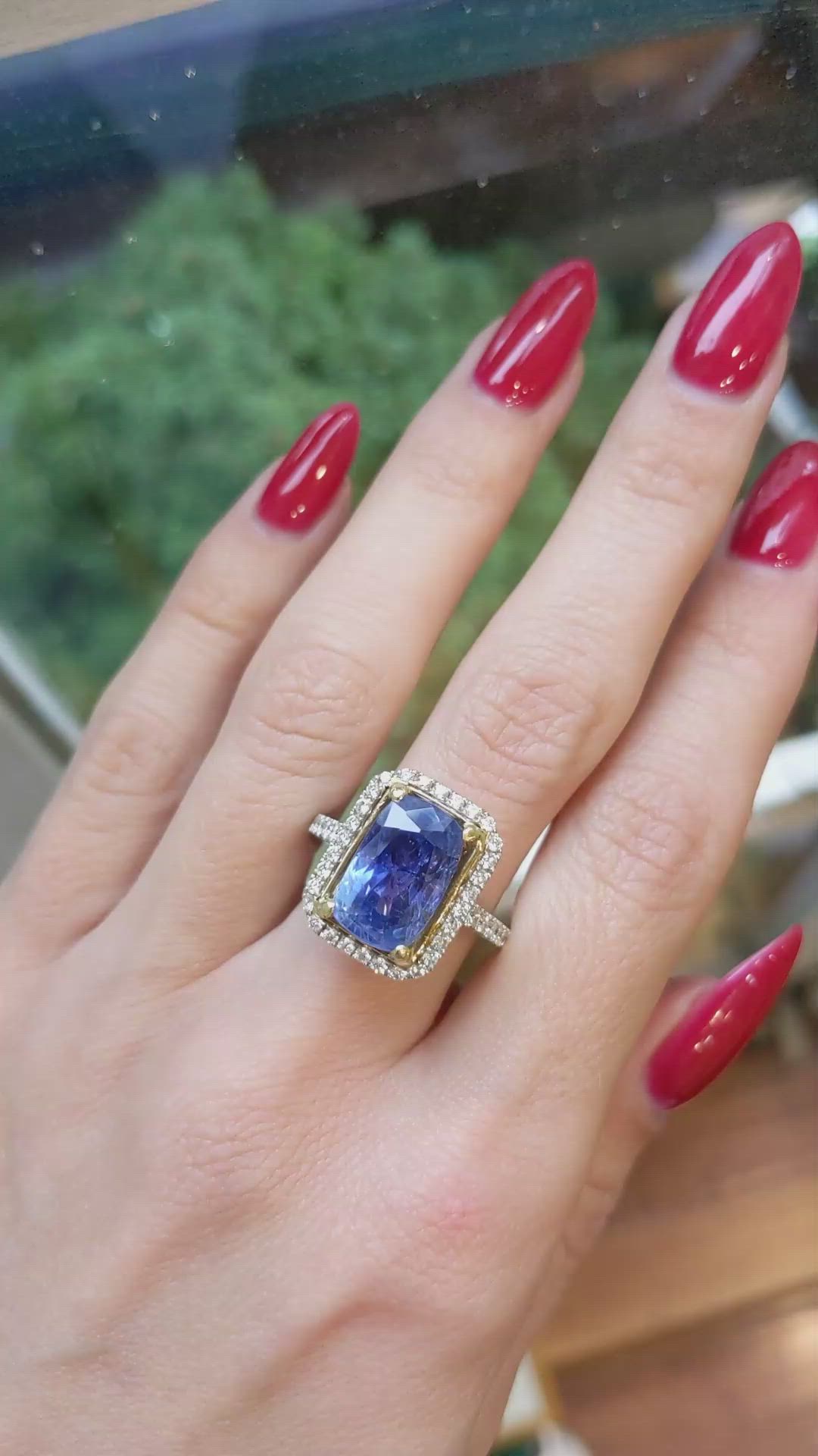 8.19 Ct. Blue Sapphire and Natural Diamond Pave Ring, 18K White Gold Size Video