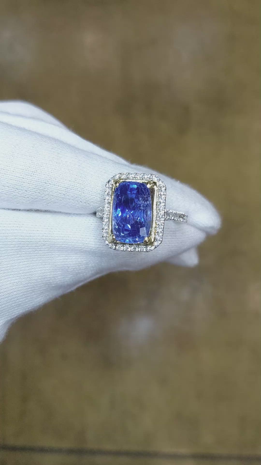 8.19 Ct. Blue Sapphire and Natural Diamond Pave Ring, 18K White Gold Size Video
