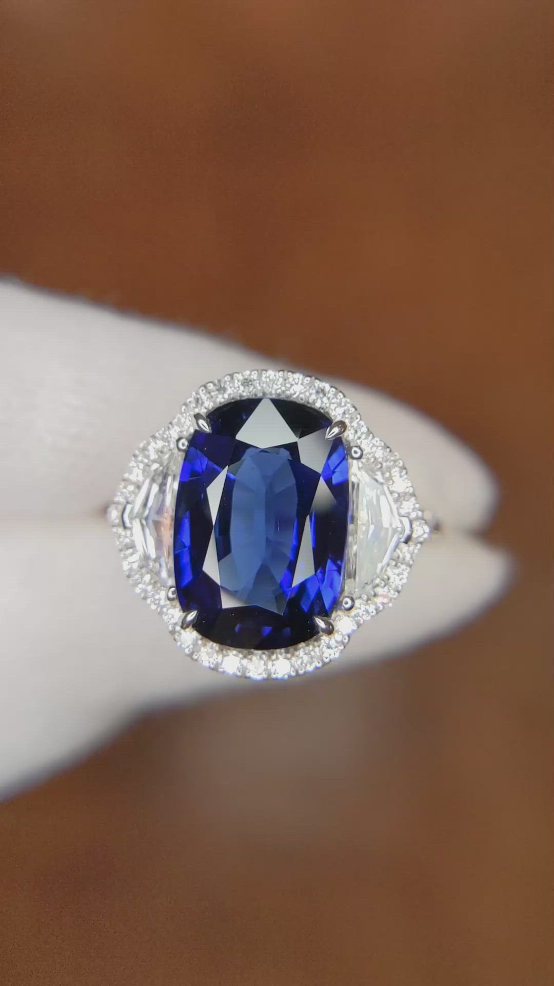 6.41 Ct. Blue Sapphire and Natural Diamond Pave Ring, 18K White Gold Size Video