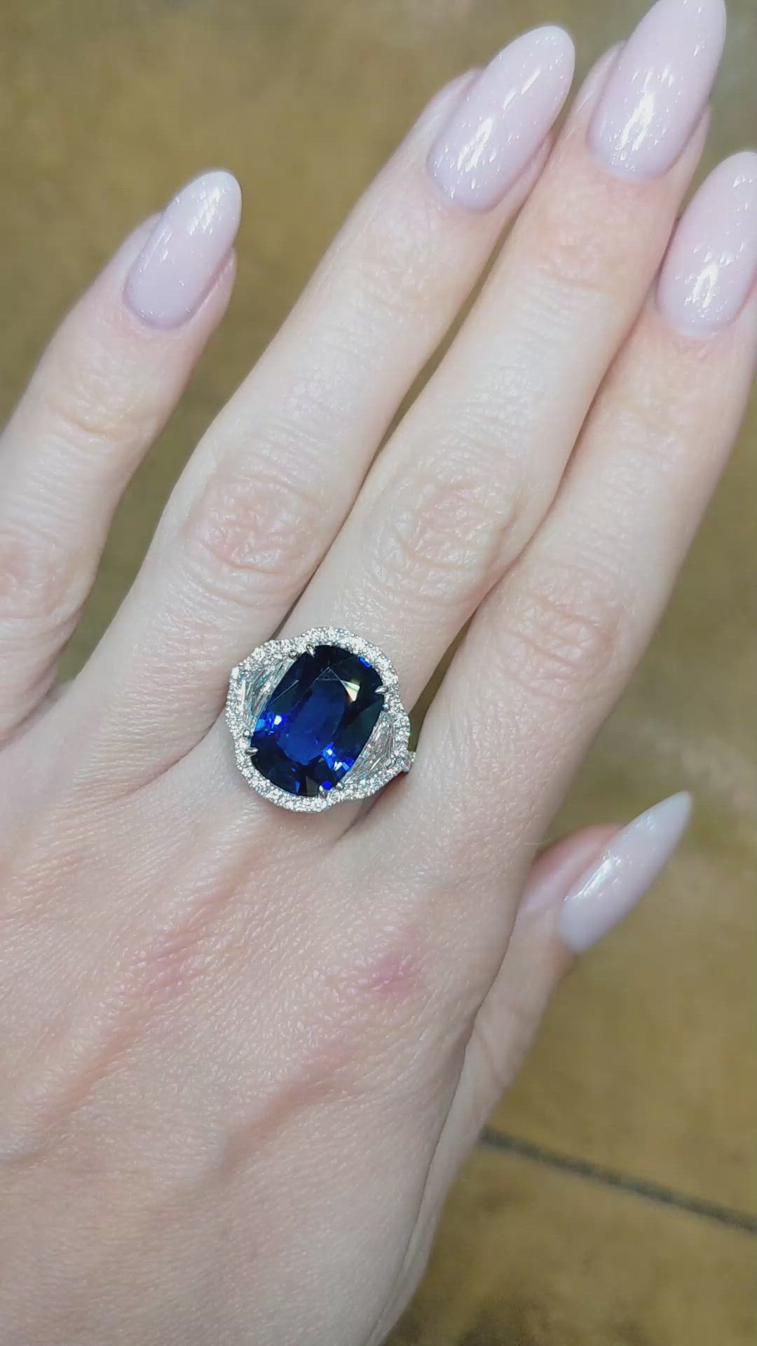 6.41 Ct. Blue Sapphire and Natural Diamond Pave Ring, 18K White Gold Size Video