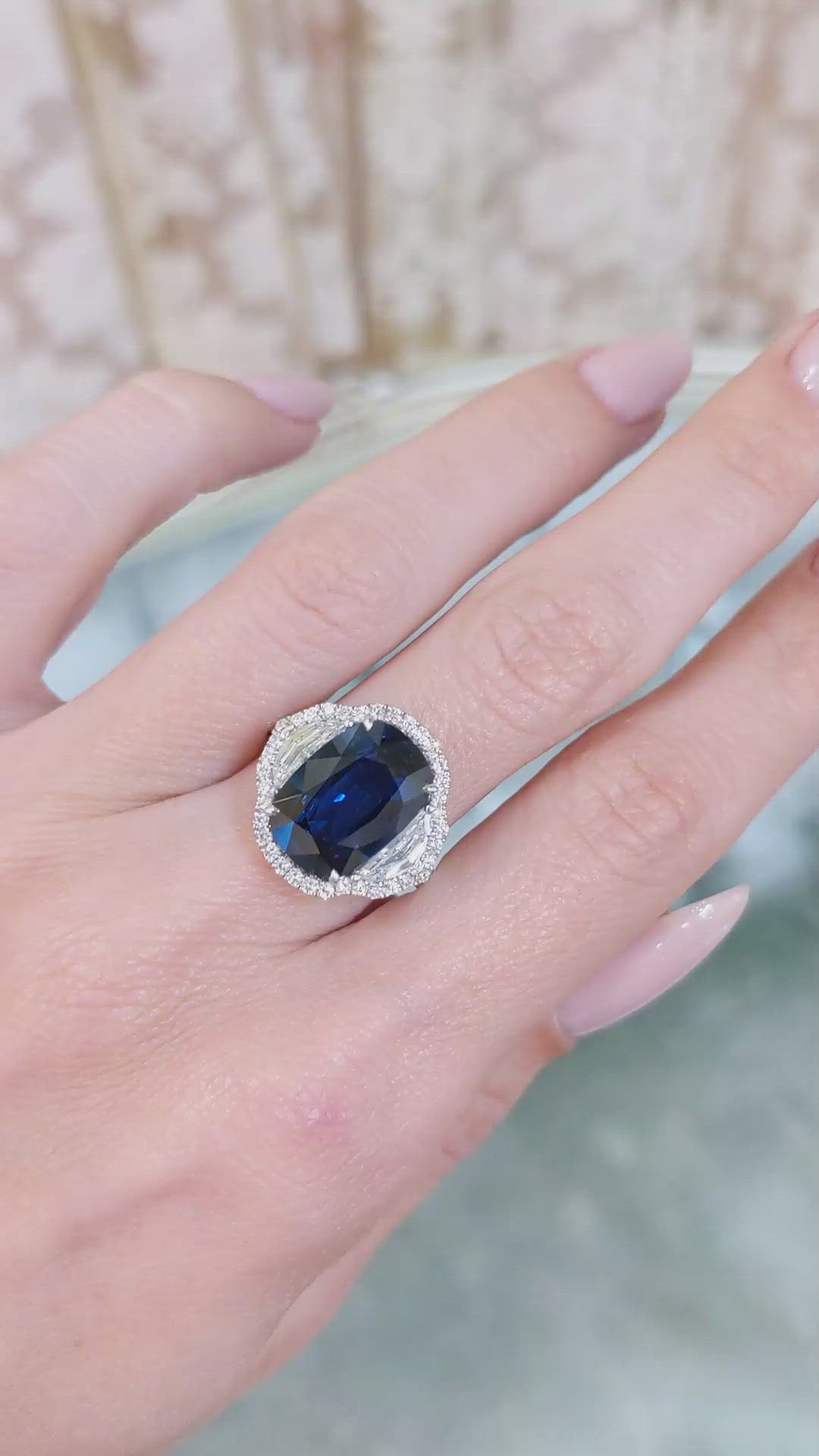 6.41 Ct. Blue Sapphire and Natural Diamond Pave Ring, 18K White Gold Size Video