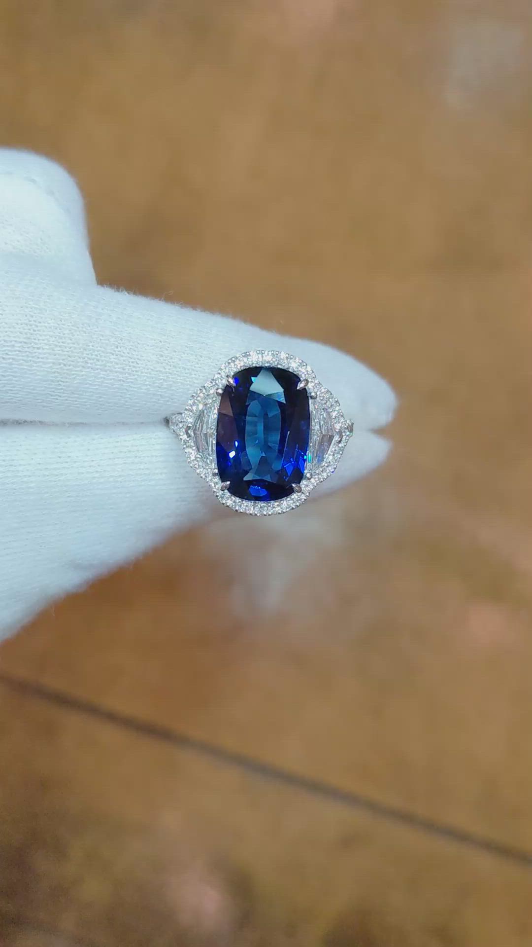 6.41 Ct. Blue Sapphire and Natural Diamond Pave Ring, 18K White Gold Size Video
