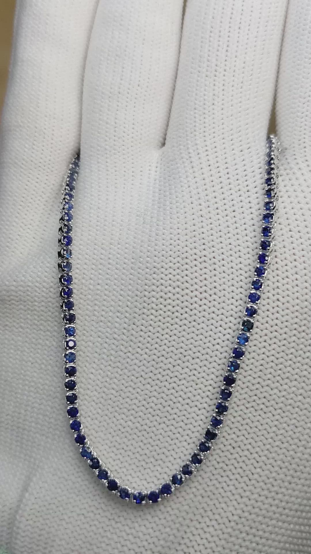 4.23 Ct. Blue Sapphire Tennis/Riviere Necklace, 14K White Gold Size Video