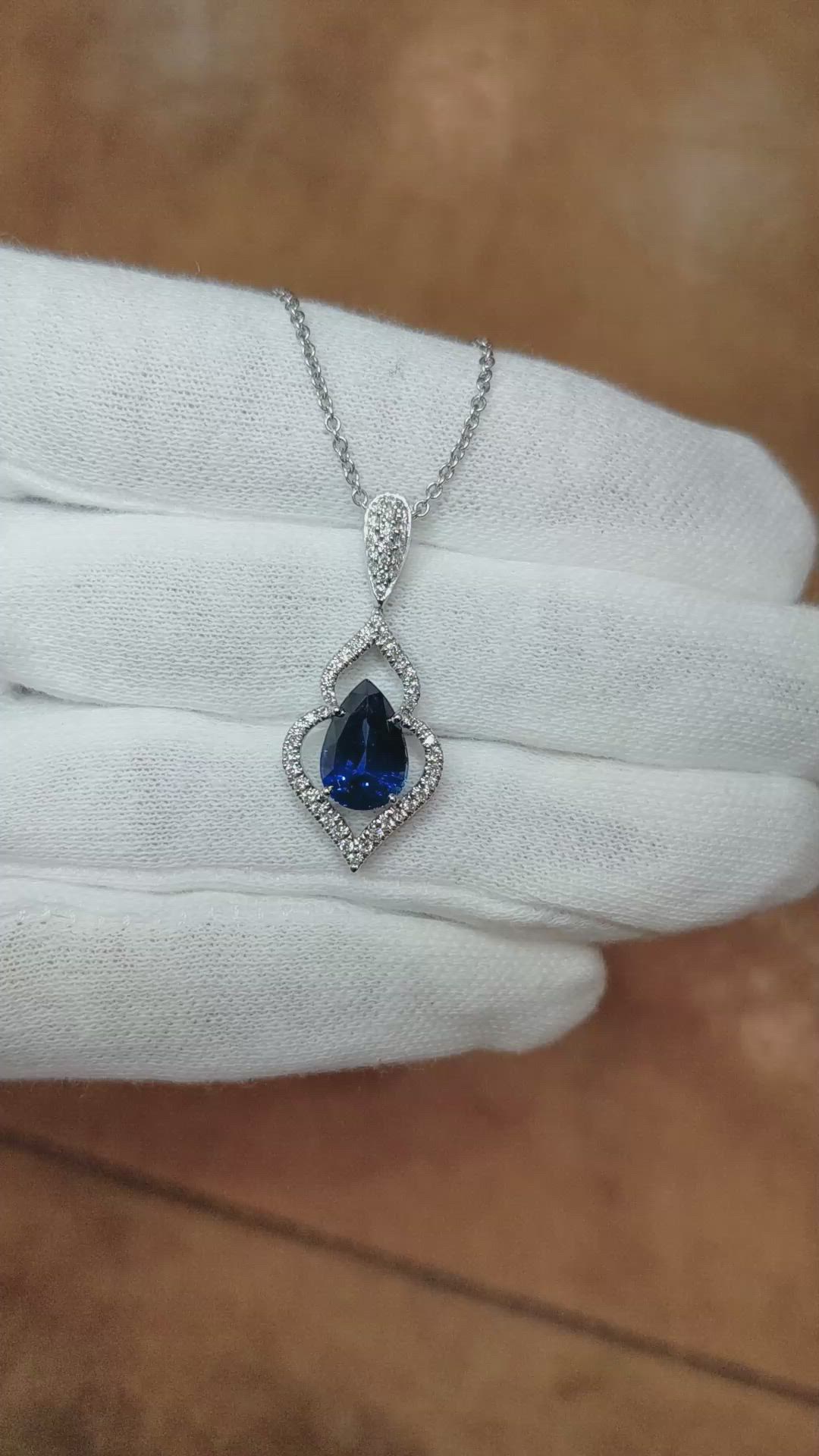 2.90 Ct. Blue Sapphire and Natural Diamond Pave Pendant, 18K White Gold Size Video