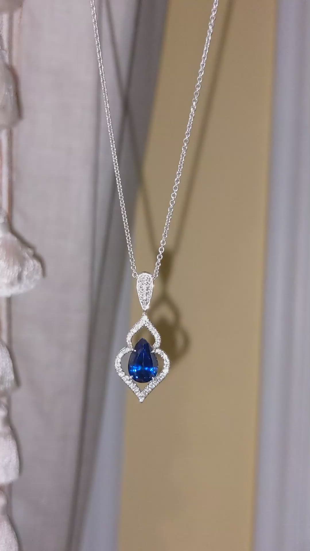 2.90 Ct. Blue Sapphire and Natural Diamond Pave Pendant, 18K White Gold Size Video