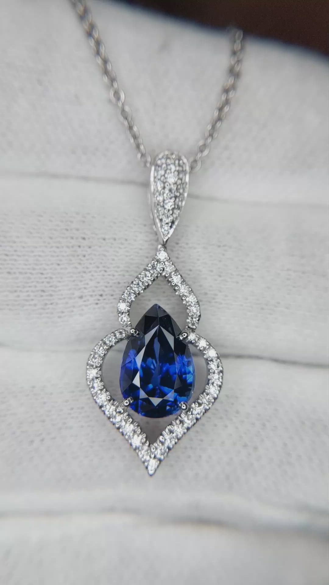 2.90 Ct. Blue Sapphire and Natural Diamond Pave Pendant, 18K White Gold Size Video