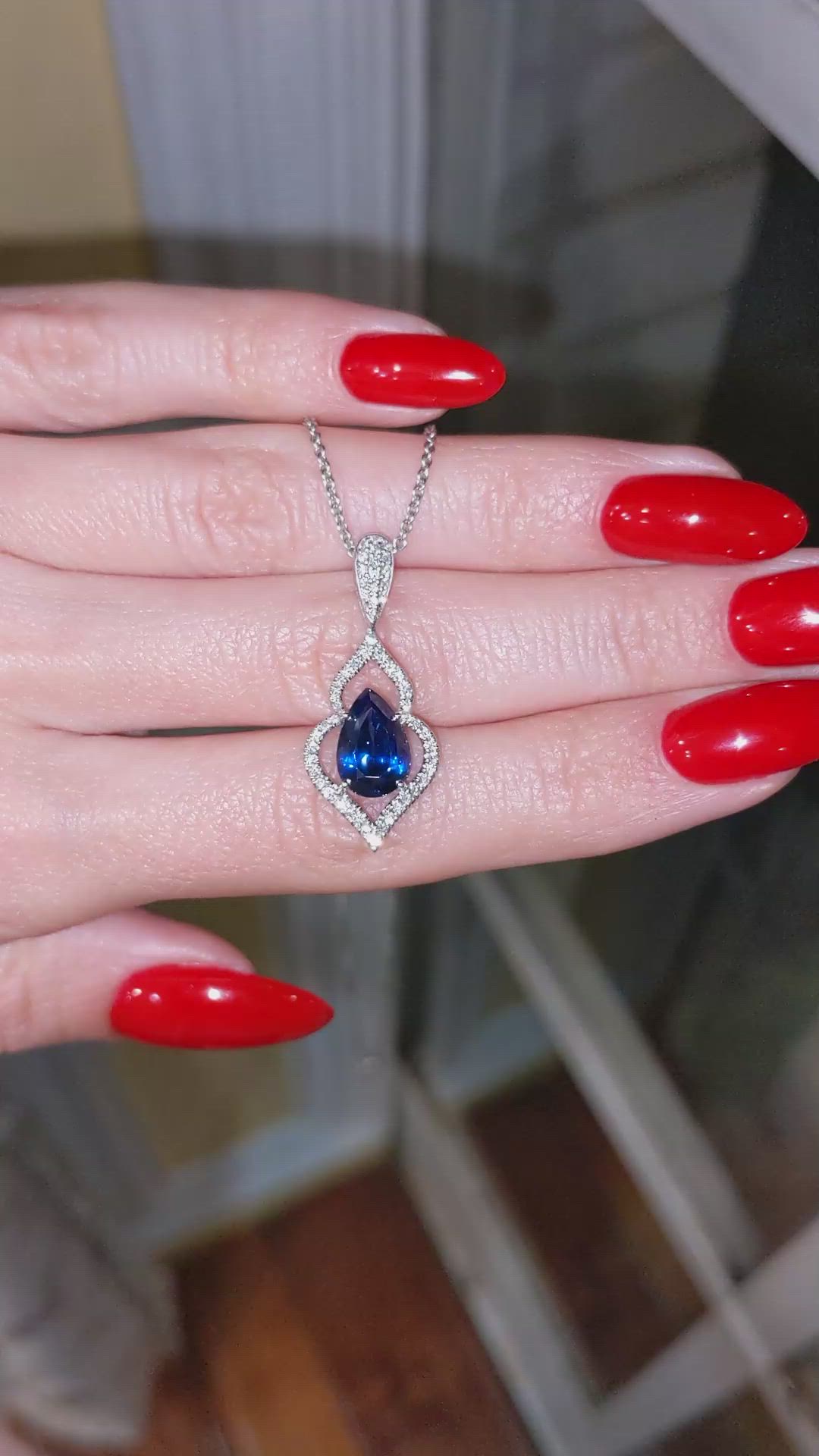2.90 Ct. Blue Sapphire and Natural Diamond Pave Pendant, 18K White Gold Size Video