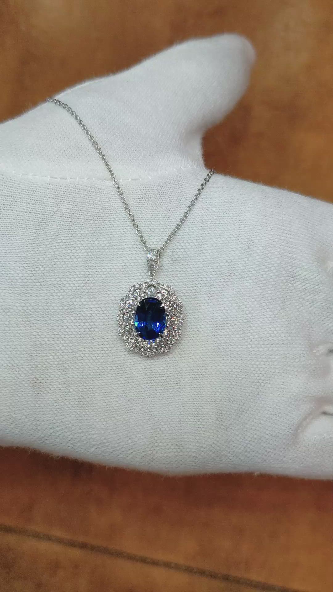 3.02 Ct. Blue Sapphire and Natural Diamond Pave Pendant, 18K White Gold Size Video