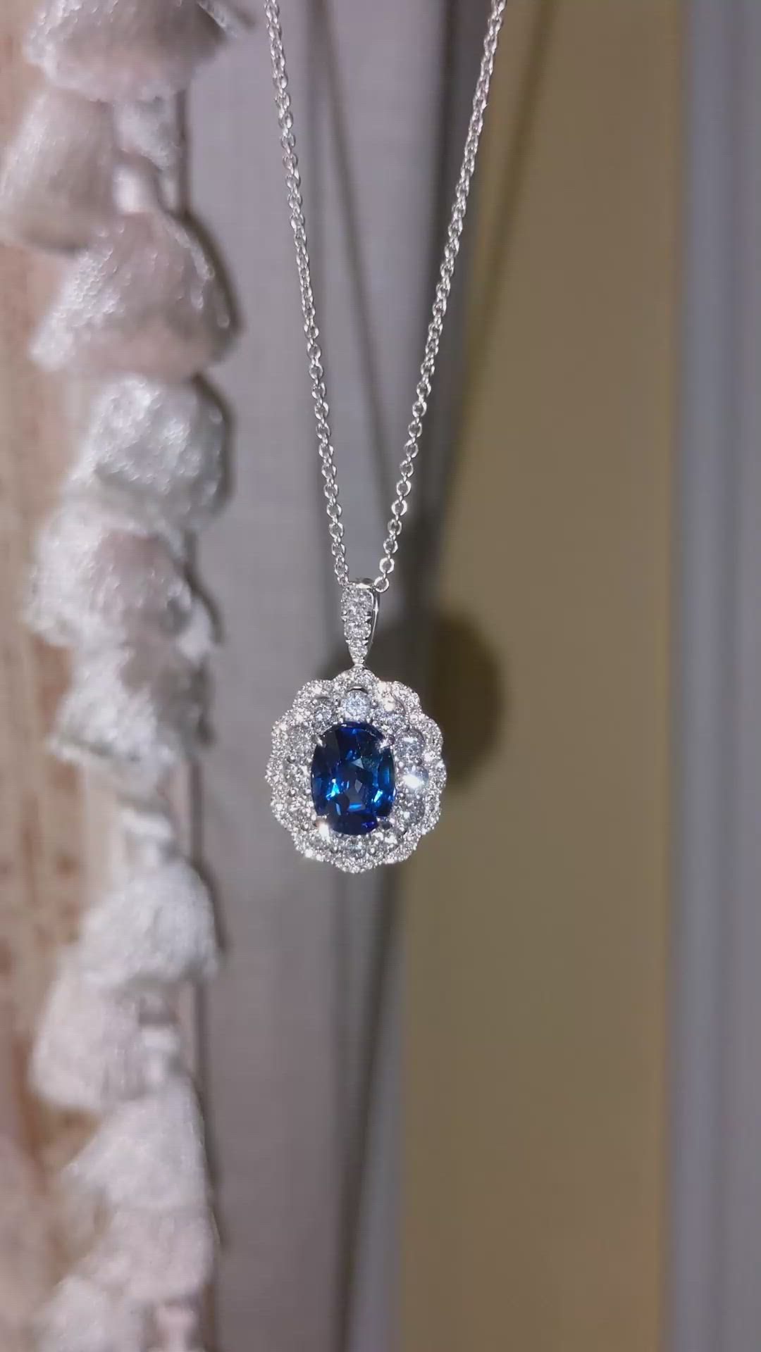 3.02 Ct. Blue Sapphire and Natural Diamond Pave Pendant, 18K White Gold Size Video