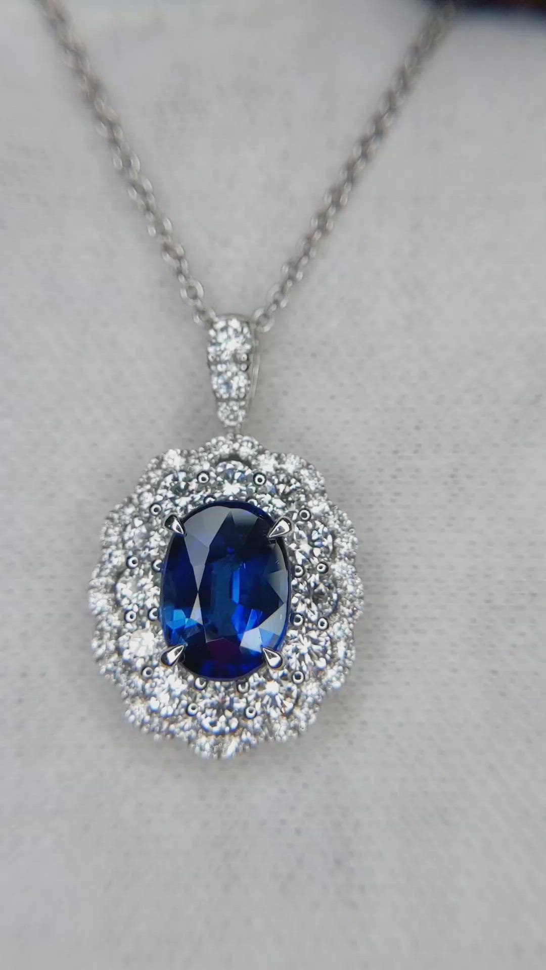 3.02 Ct. Blue Sapphire and Natural Diamond Pave Pendant, 18K White Gold Size Video