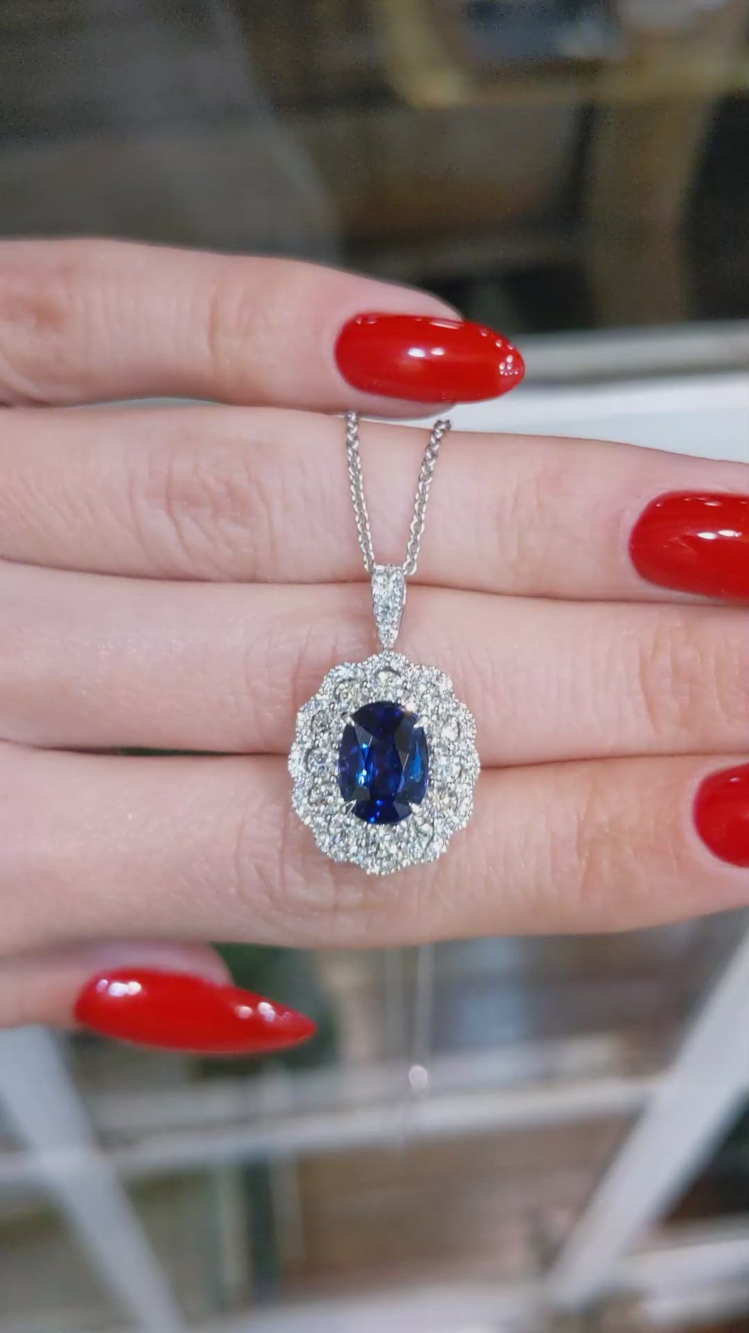 3.02 Ct. Blue Sapphire and Natural Diamond Pave Pendant, 18K White Gold Size Video