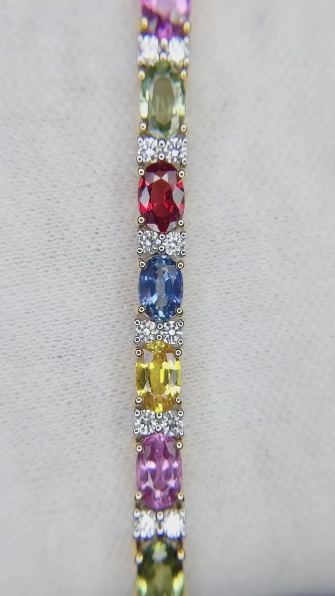 12.65 Ct.Tw. Multi Color Sapphire and Natural Diamond Pave Bracelet, 18K White & Yellow Size Video