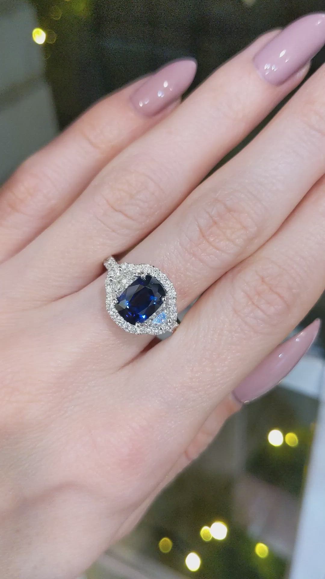2.02 Ct. Blue Sapphire and Natural Diamond Three Stone Ring, 18K White Gold Size Video