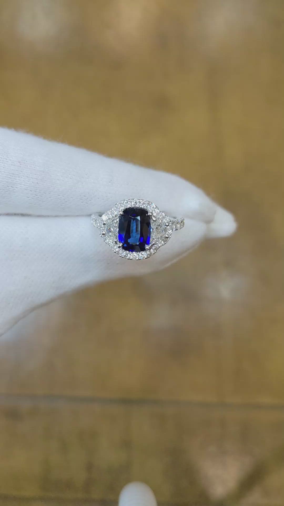 2.02 Ct. Blue Sapphire and Natural Diamond Three Stone Ring, 18K White Gold Size Video