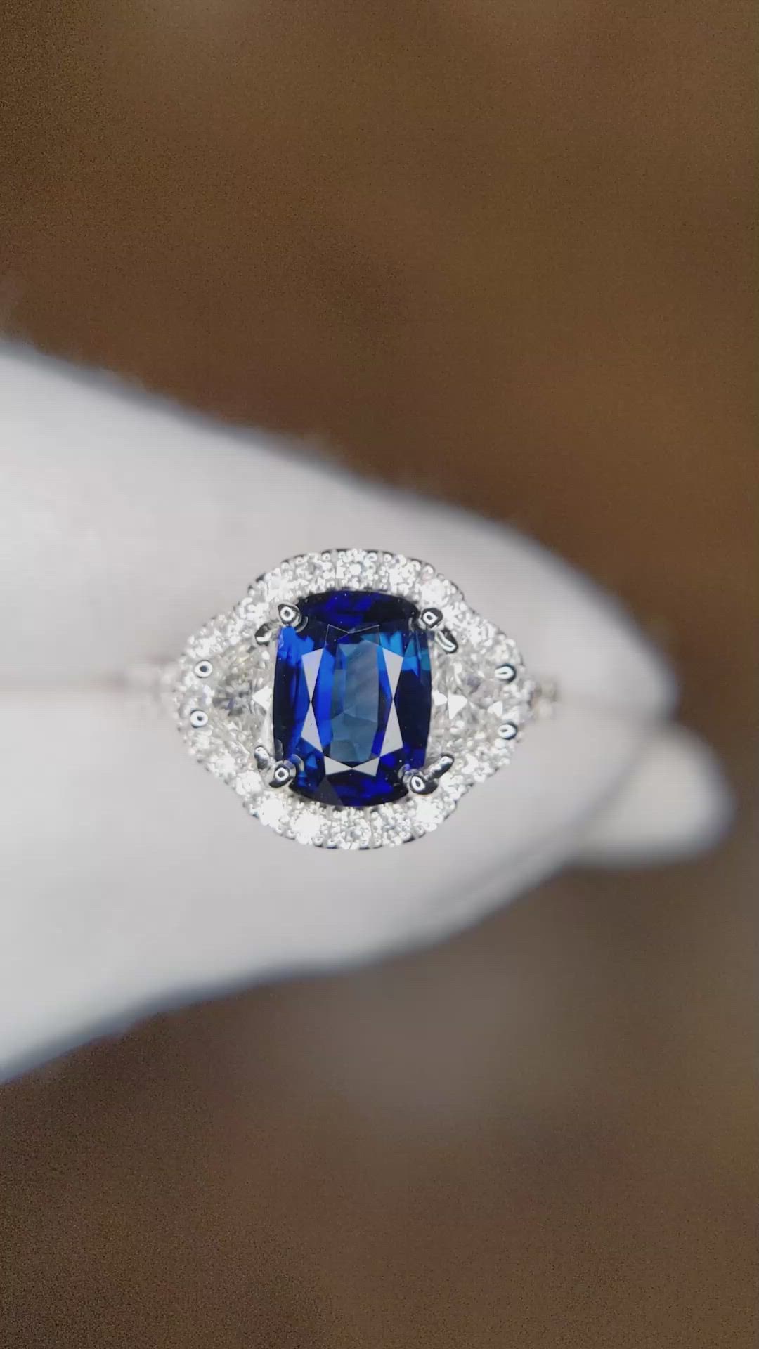 2.02 Ct. Blue Sapphire and Natural Diamond Three Stone Ring, 18K White Gold Size Video